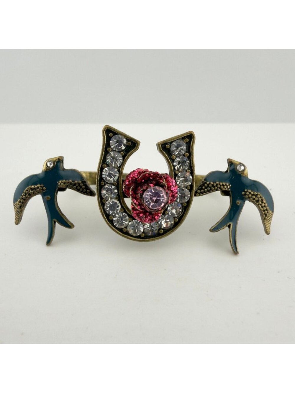 Statement Lucky Horseshoe Double Ring Rose Birds Rhinestone Brass Tone